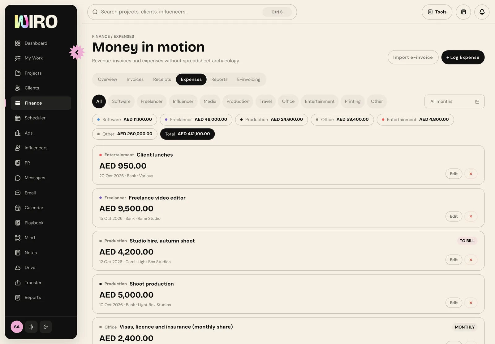 The Expenses tab with category totals for software, freelancers, production, office and entertainment, and a list of recent expenses