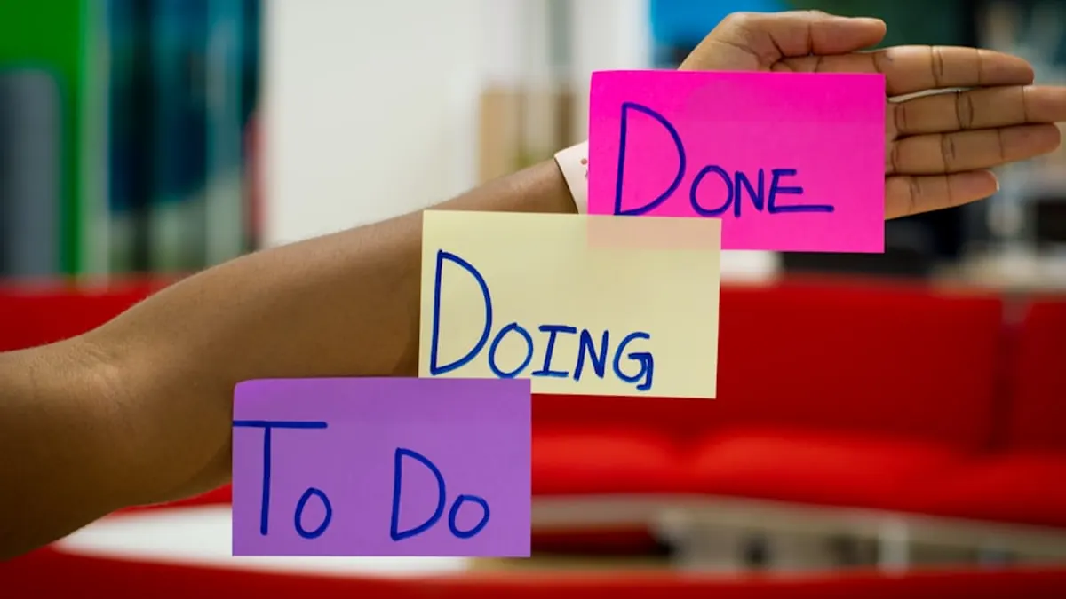 Sticky notes on a wall reading To Do, Doing and Done