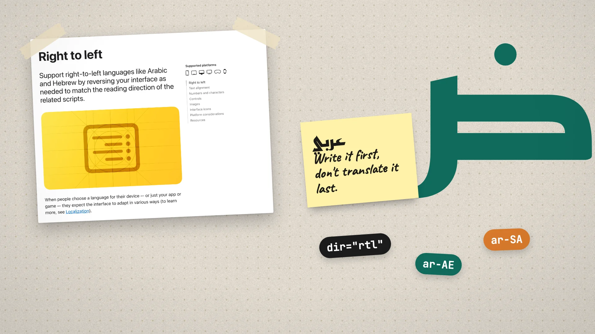 A large Arabic letter dad with code chips for dir rtl, ar-AE and ar-SA, beside Apple's right-to-left design guidelines