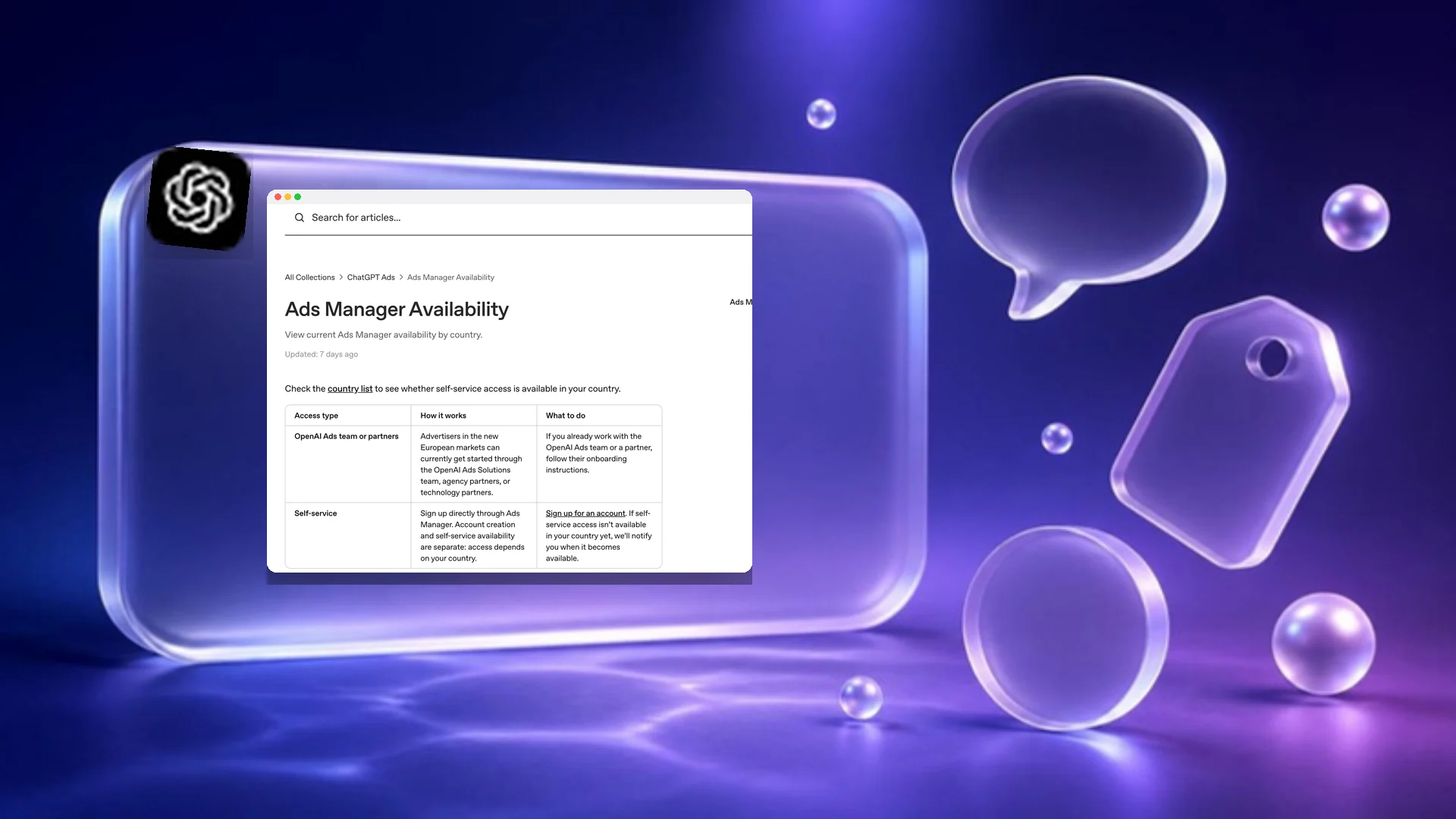 Frosted glass shapes floating on a violet gradient, with a window showing OpenAI's Ads Manager availability help page and the ChatGPT logo