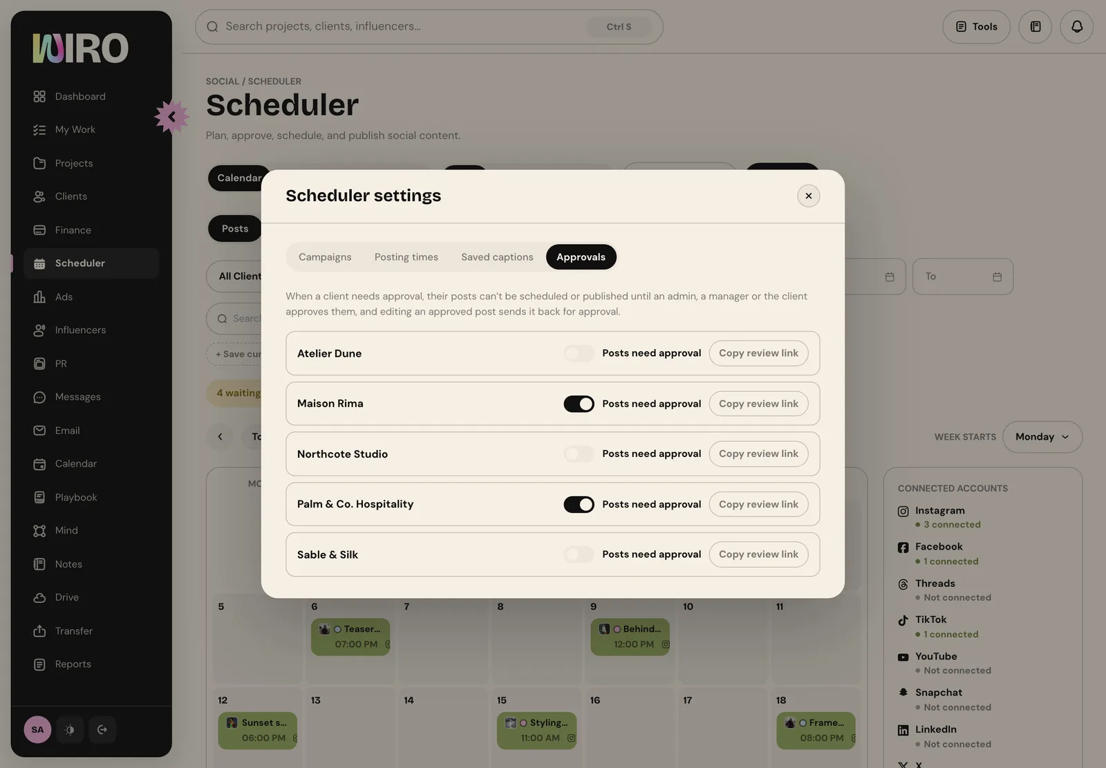 Scheduler settings on the Approvals tab, listing five clients with Posts need approval switches and Copy review link buttons