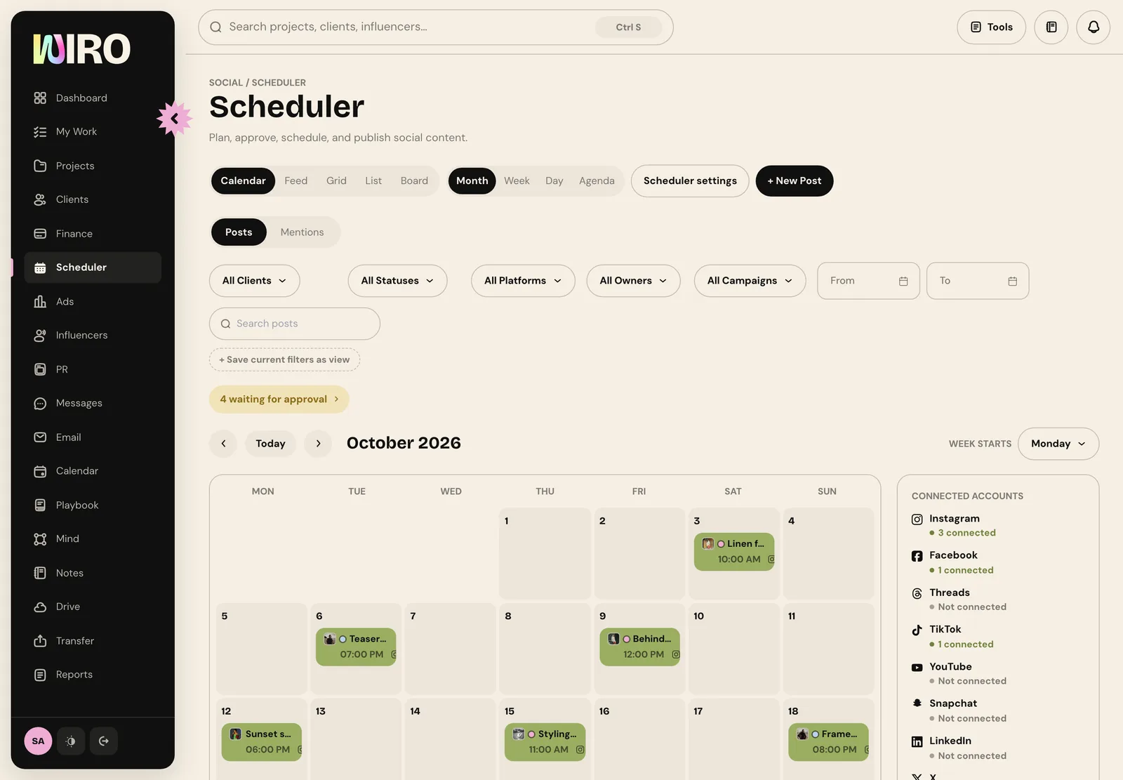 The Scheduler with a chip reading 4 waiting for approval above the October calendar