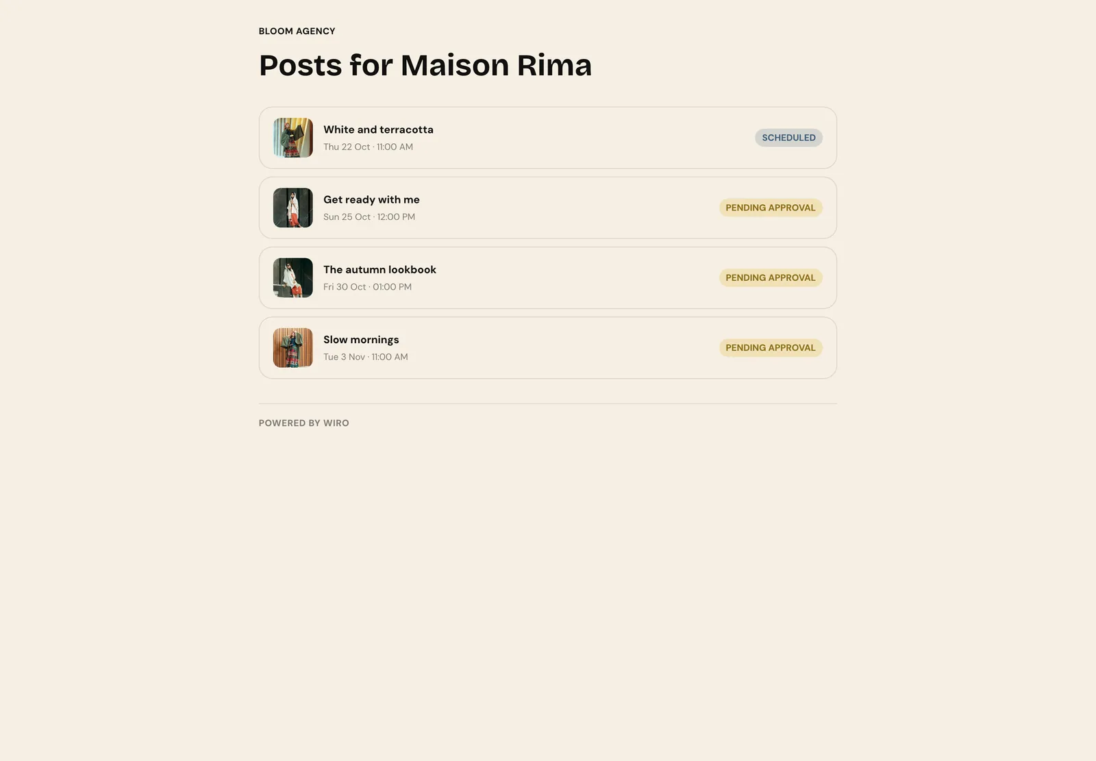 The client's review page titled Posts for Maison Rima, listing four posts with Scheduled and Pending approval labels