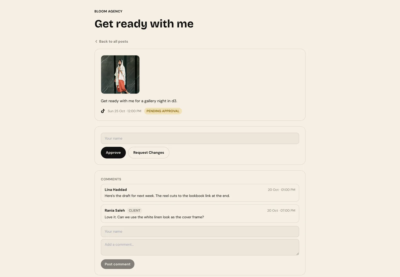 A post on the review page with its image, caption, TikTok and the planned time, a name field, Approve and Request Changes buttons, and comments from the agency and the client