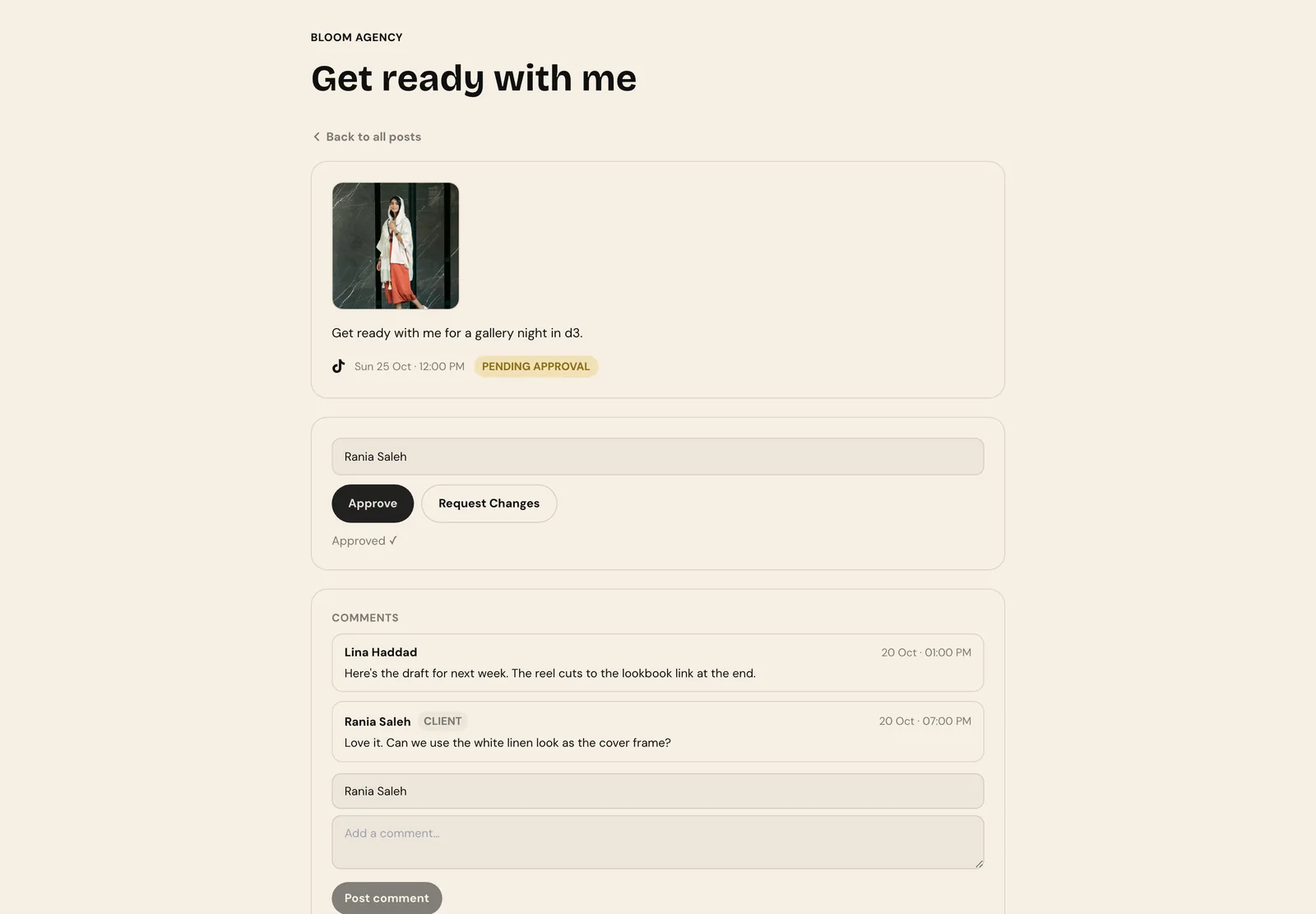 The review page after the client typed their name and chose Approve, showing Approved under the buttons
