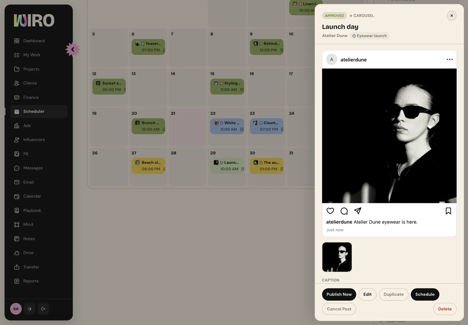 An approved carousel post called Launch day opened in the Scheduler with an Approved label and a Schedule button