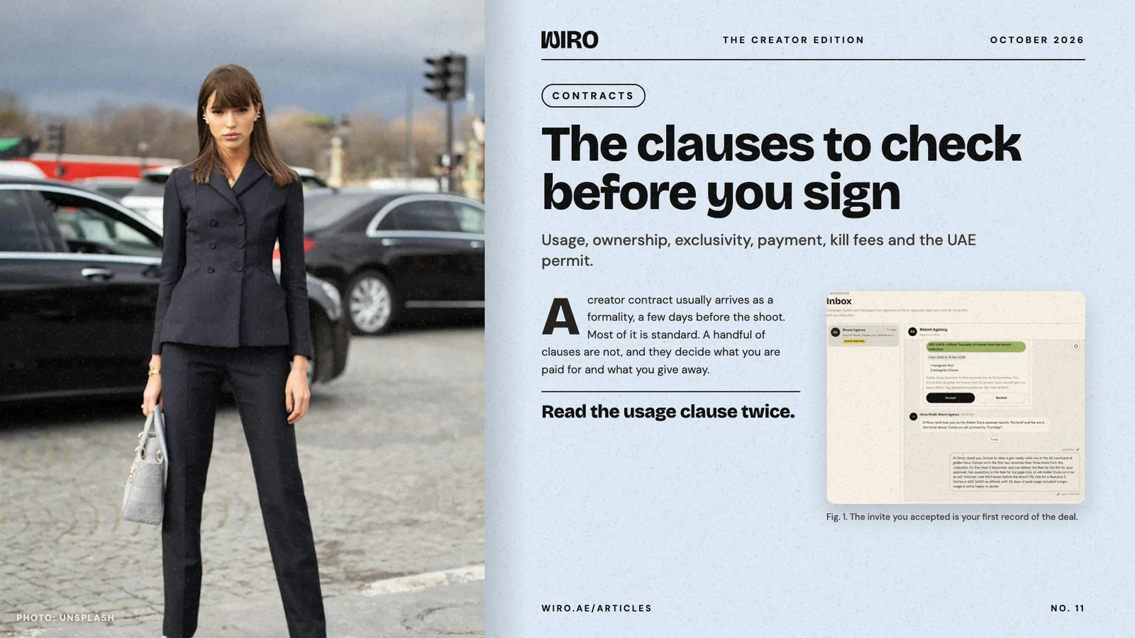 An editorial spread: a woman in a navy suit on a city street beside a blue page with the headline and a campaign invite in Wiro