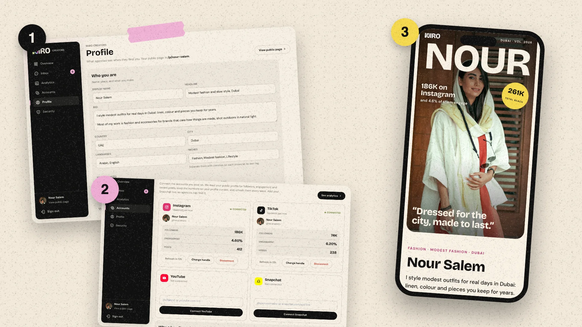 Wiro Studio's profile editor and accounts screen beside a sample creator page with a photo of a woman in a white headscarf