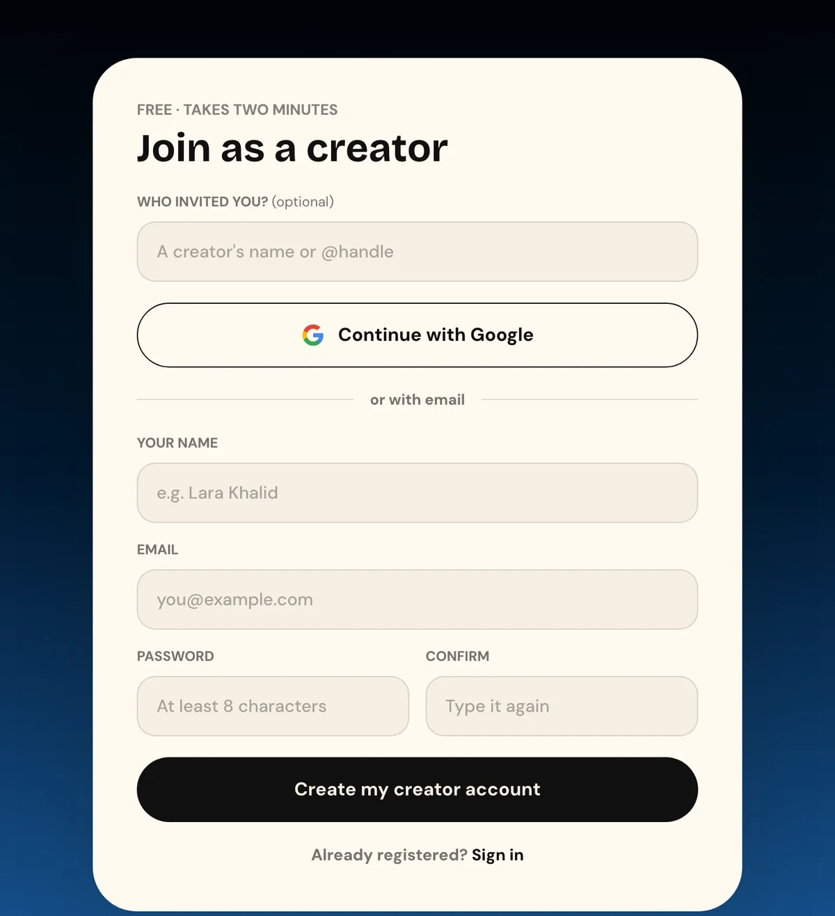 The Join as a creator form with Continue with Google, name, email and password fields