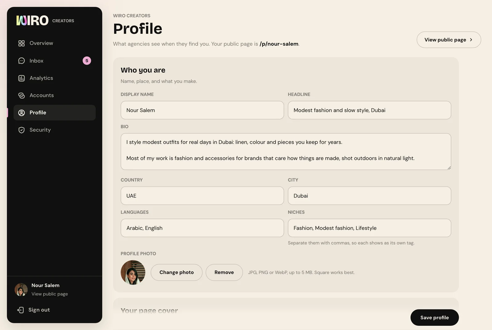 Wiro Studio's Profile page with the Who you are card filled in for Nour Salem