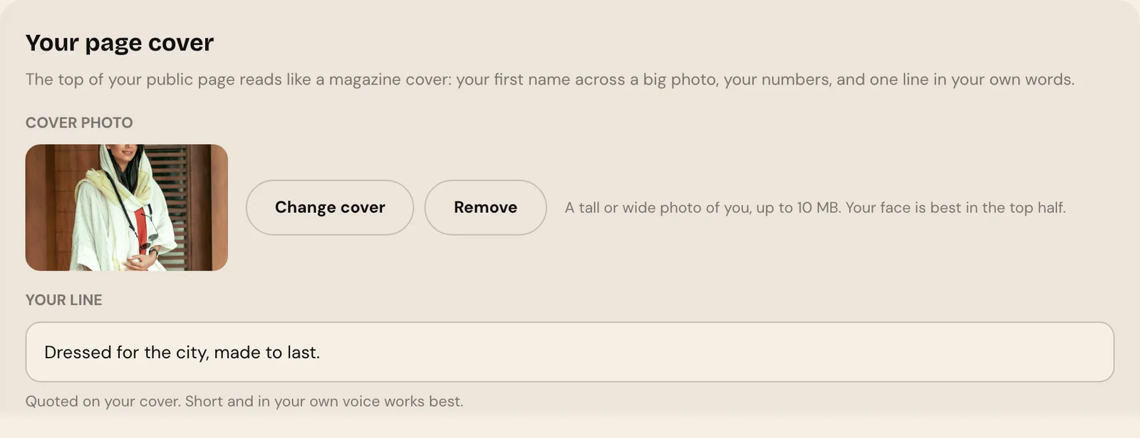 The Your page cover card with Change cover and Remove buttons and the Your line field