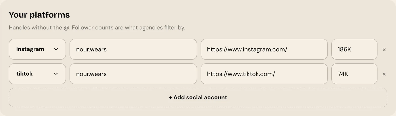 The Your platforms card with Instagram and TikTok rows showing handle, link and followers