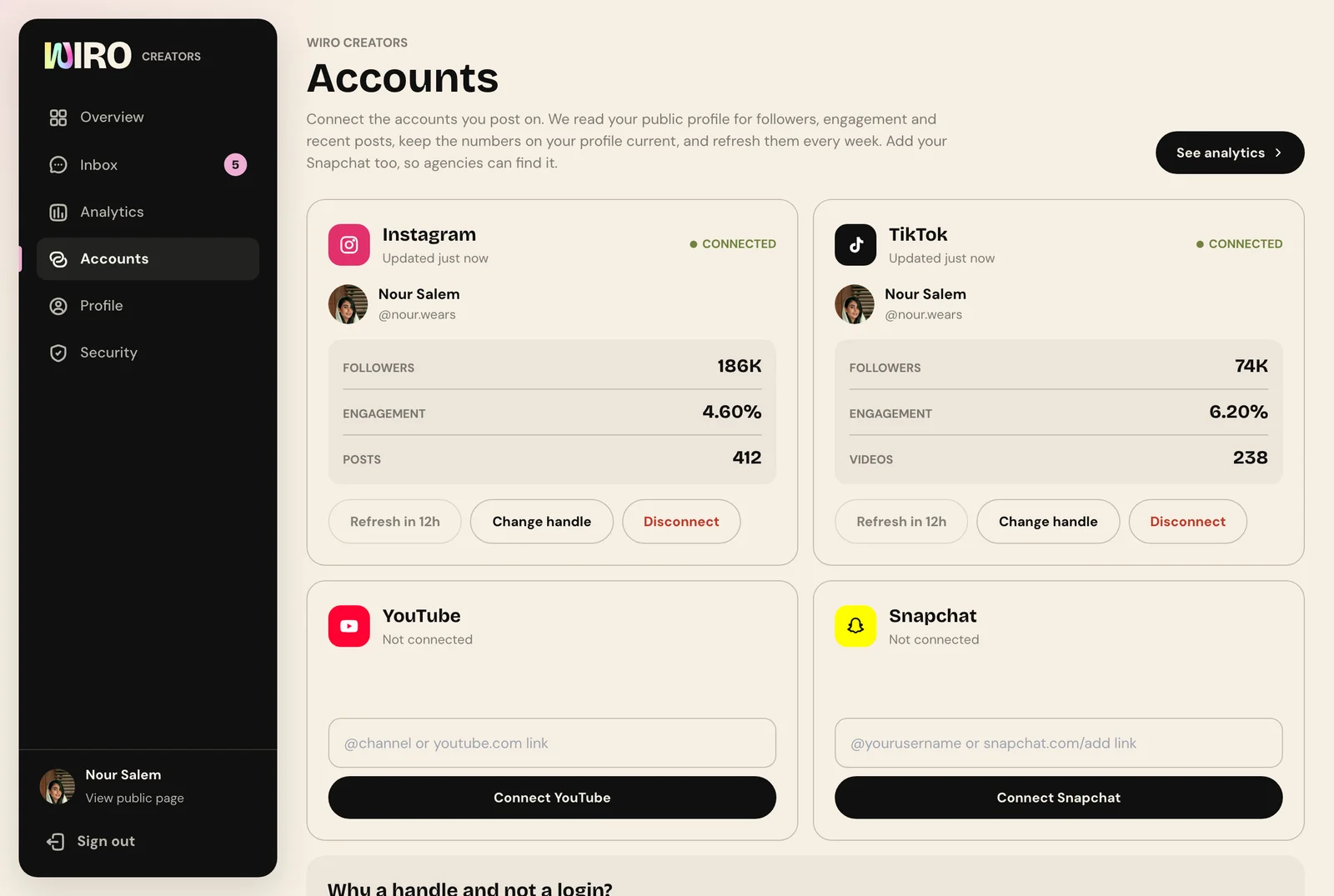 Studio's Accounts page with Instagram and TikTok connected, showing followers, engagement and posts