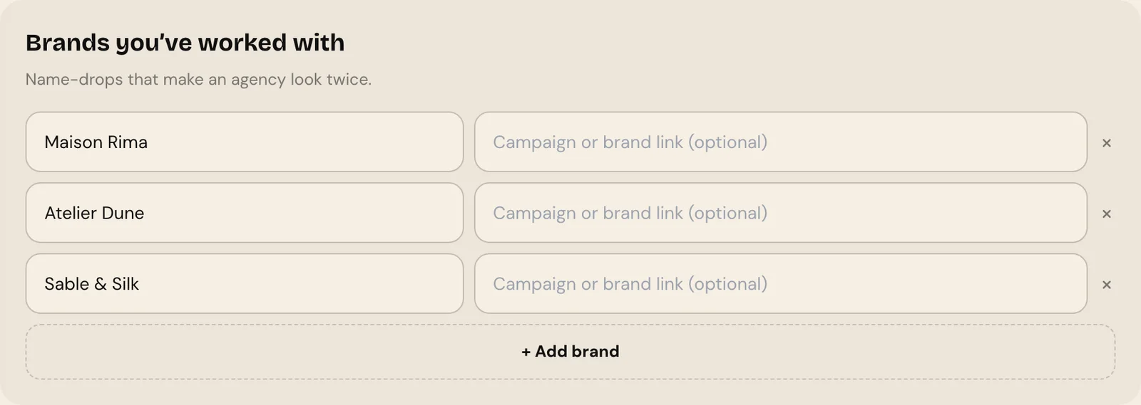 The Brands you've worked with card listing three brands
