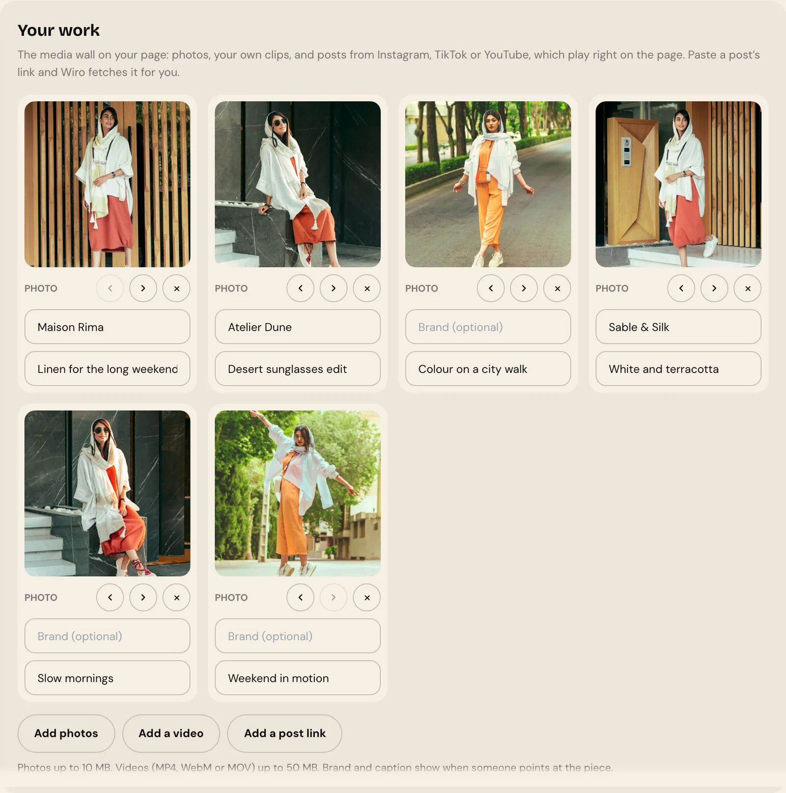 The Your work card with six photos, each with brand and caption fields, and buttons to add photos, a video or a post link