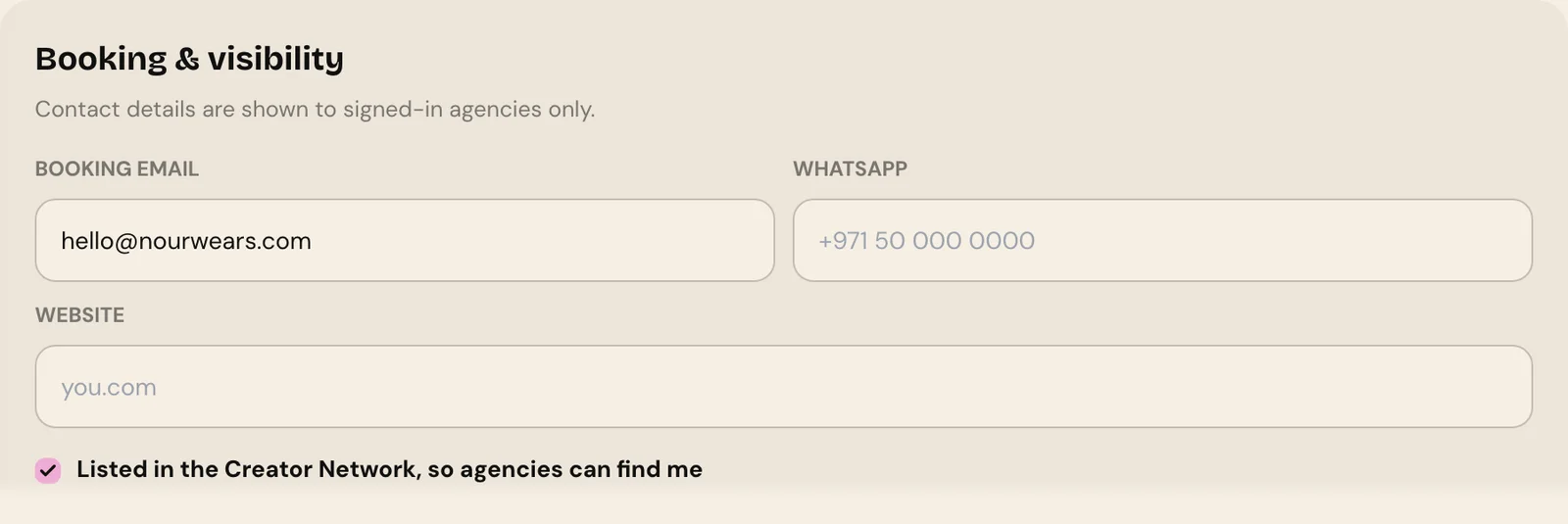 The Booking and visibility card with booking email, WhatsApp, website and the Listed in the Creator Network box ticked