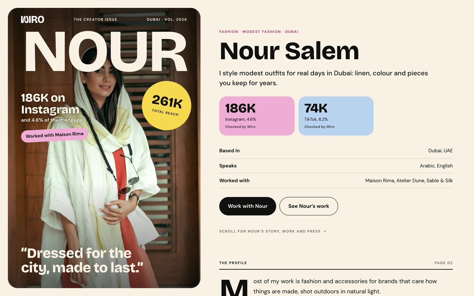 Nour Salem's public creator page on a laptop, with the magazine cover, numbers checked by Wiro and booking buttons