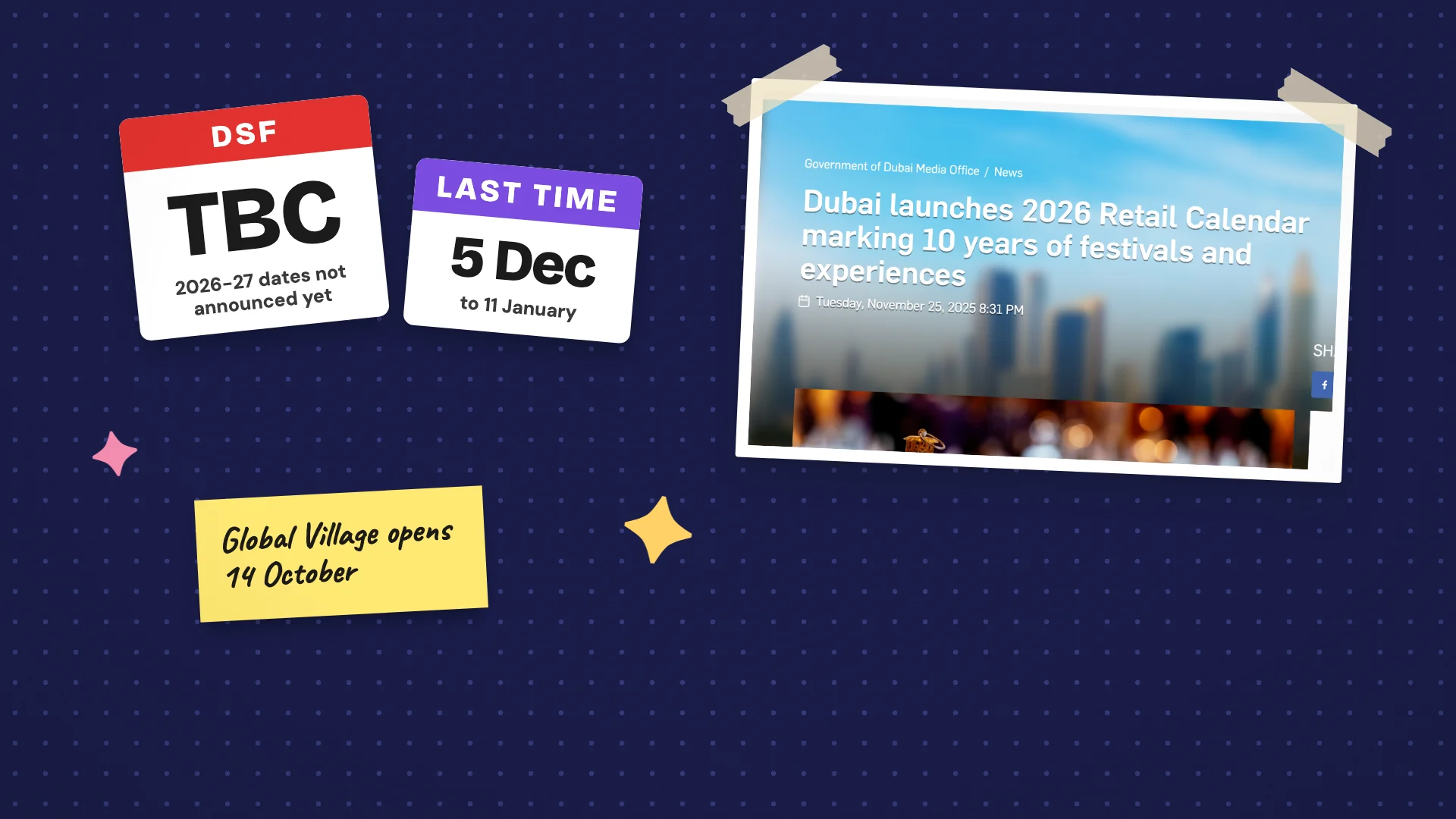 Calendar cards showing the 2026-27 Dubai Shopping Festival dates as not yet announced and the last edition's 5 December start, beside Dubai Media Office's 2026 retail calendar announcement