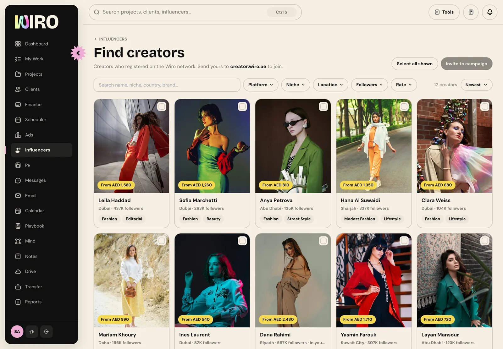 Wiro's Find creators page with a grid of creator cards showing photos, starting rates in AED, city, followers and niche tags