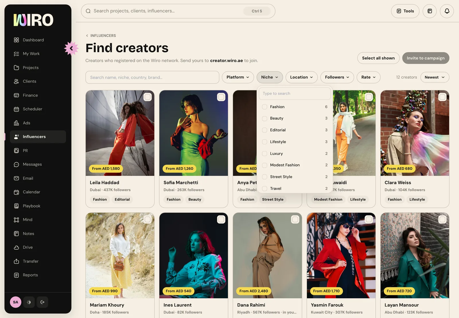 The Niche filter open with Fashion, Beauty, Editorial, Lifestyle, Luxury, Modest fashion, Street style and Travel and a count next to each