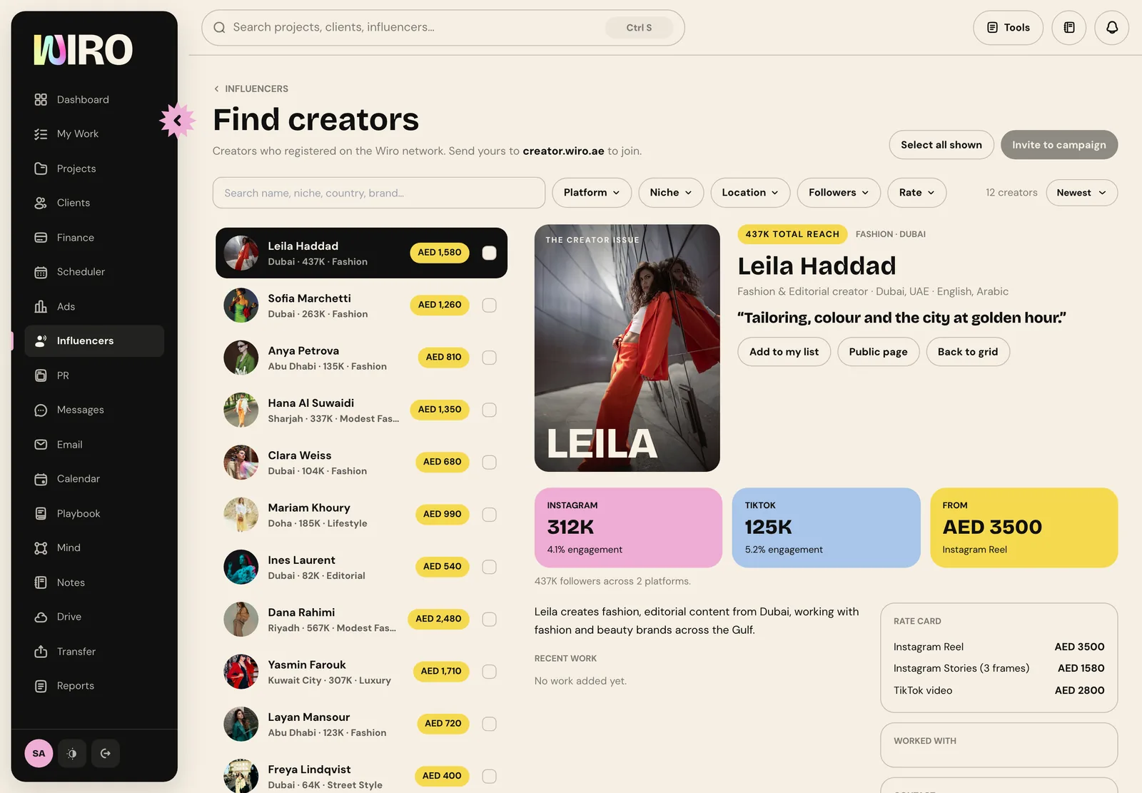 The lower half of a creator profile with the rate card listing an Instagram Reel, Stories and a TikTok video with prices in AED