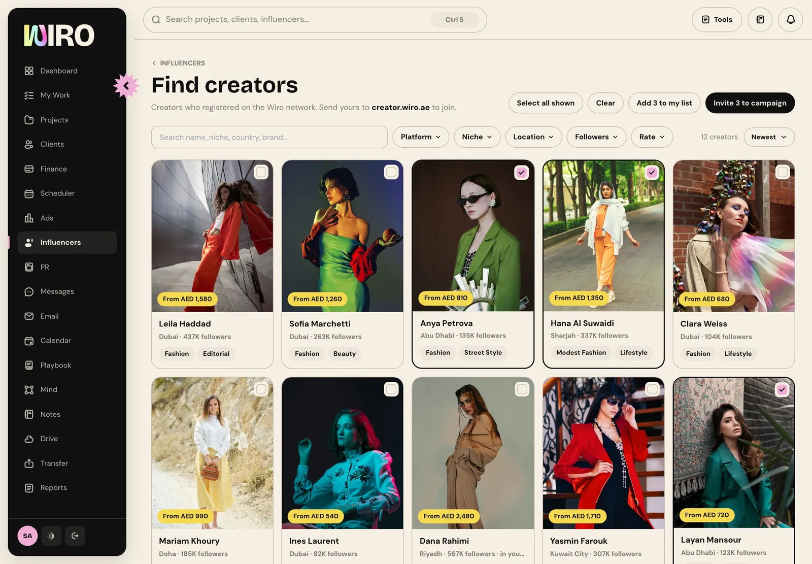 Three creator cards ticked, with Add 3 to my list and Invite 3 to campaign buttons at the top of the page