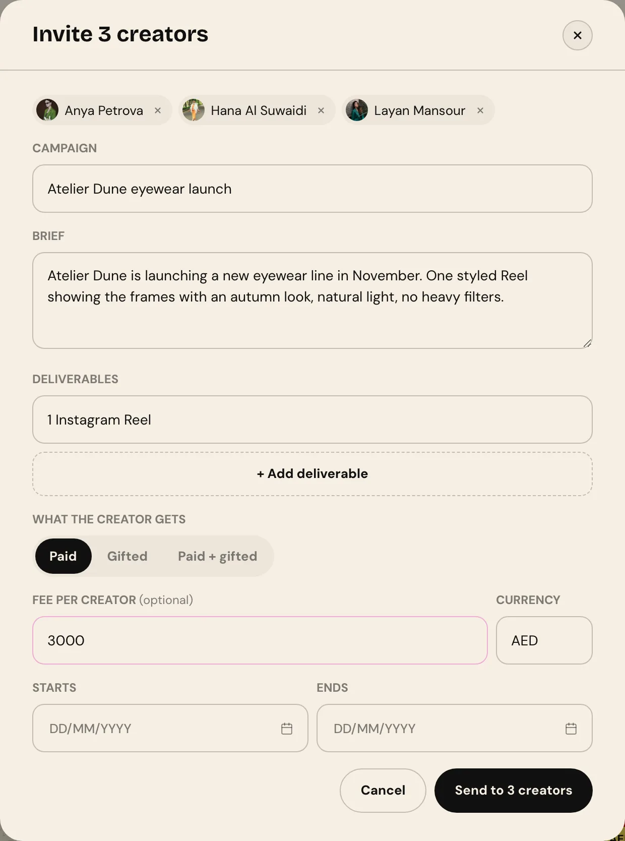 The Invite 3 creators dialog with campaign name, brief, deliverables, paid or gifted, fee per creator in AED and start and end dates