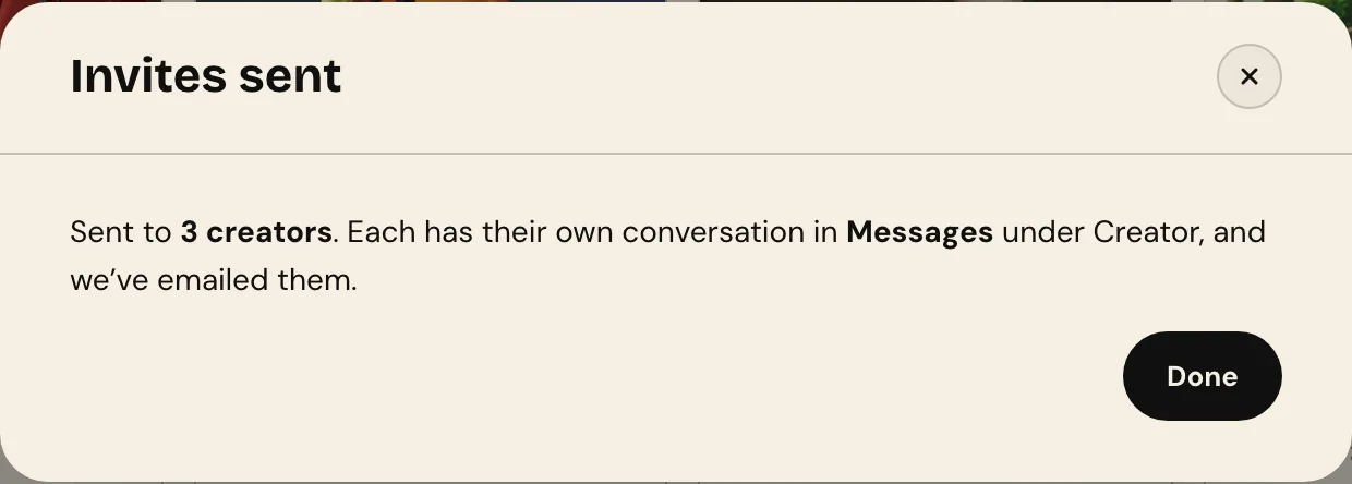 The Invites sent confirmation saying the invite went to 3 creators, each with their own conversation in Messages