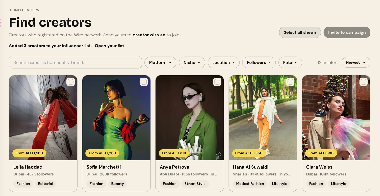 The Find creators page with a note saying 3 creators were added to the influencer list and a link to open it