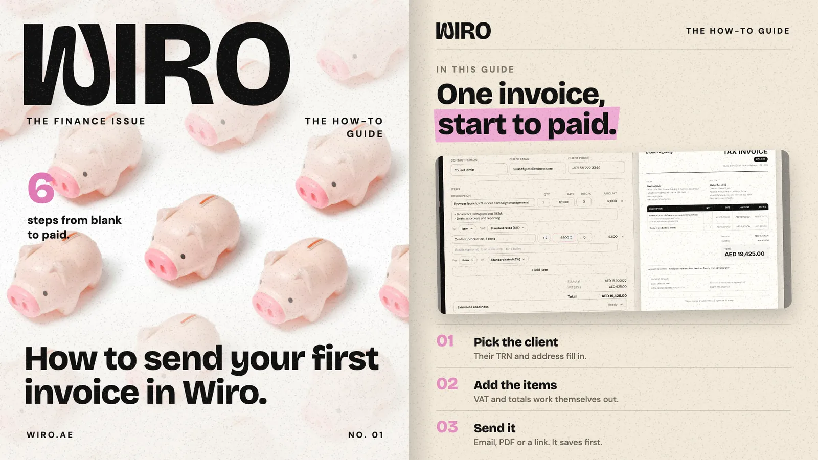 A magazine-style spread: rows of pink piggy banks on white beside a contents page showing Wiro's invoice editor