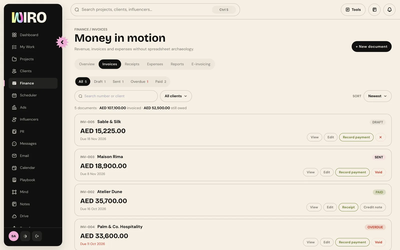 Wiro's Finance page on the Invoices tab, listing five invoices with their amounts and Draft, Sent, Paid and Overdue labels