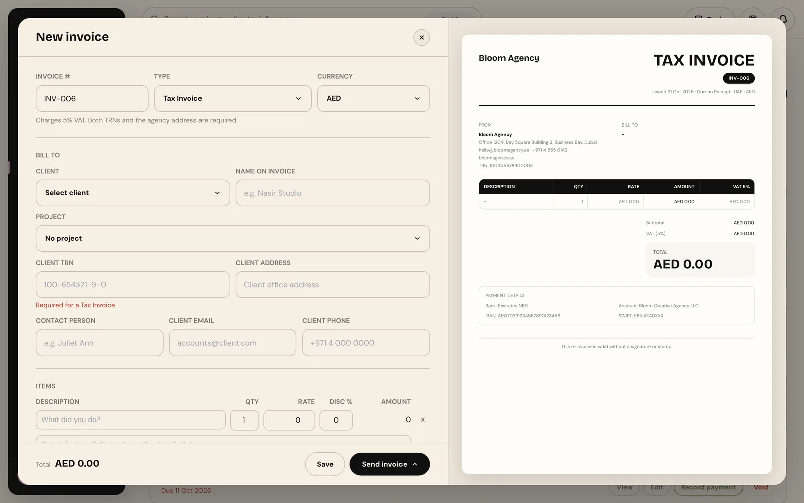 The new invoice editor with invoice number, type and currency fields on the left and an empty tax invoice preview on the right
