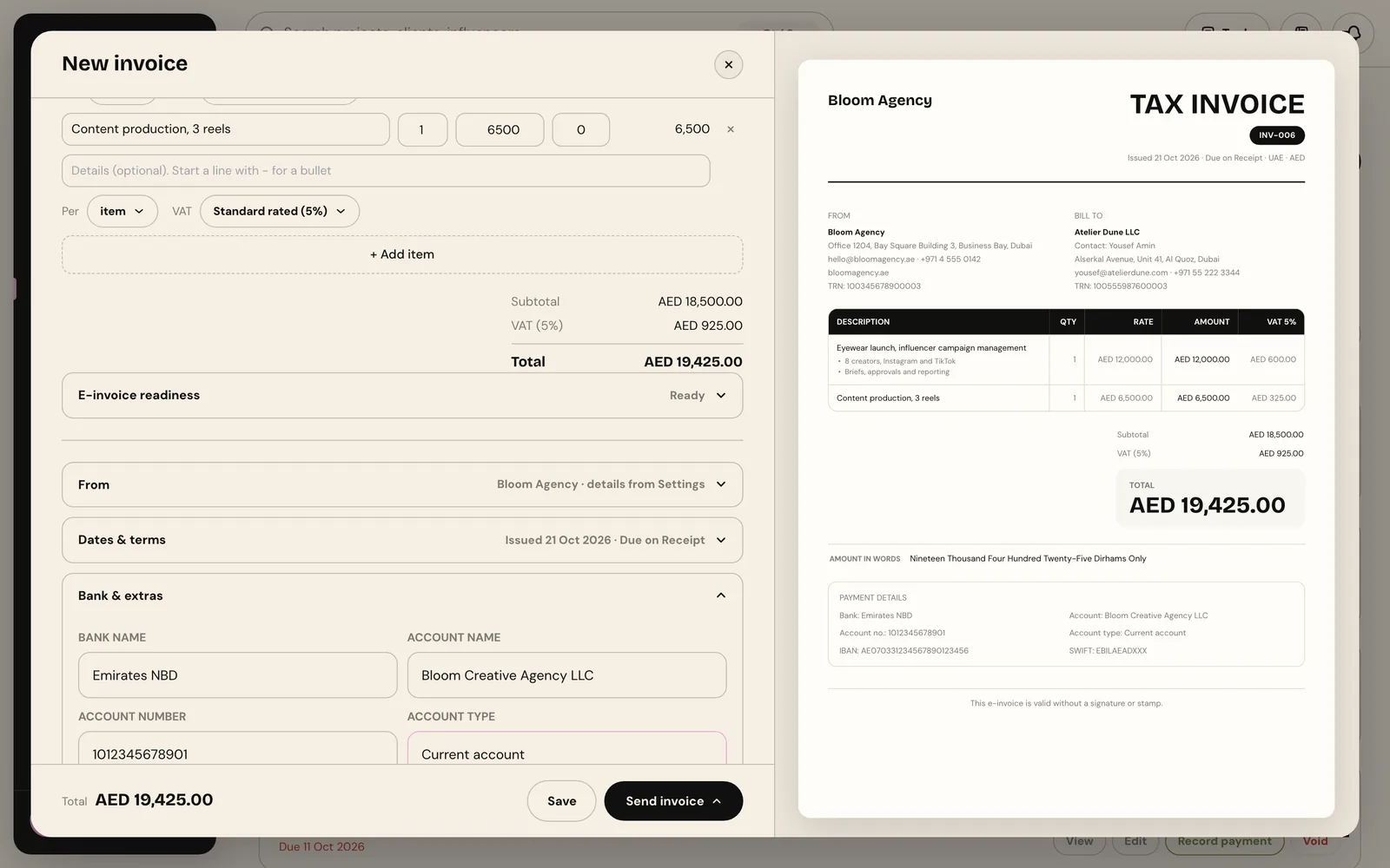 The Bank and extras section with bank name Emirates NBD, account name, account number and account type, and the payment details on the preview