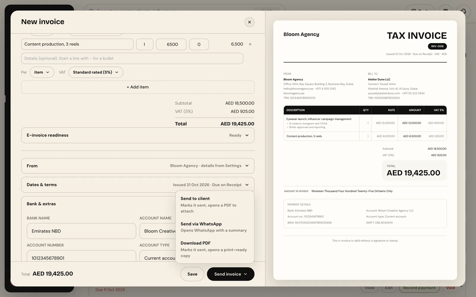 The Send invoice menu open with Send to client, Send via WhatsApp and Download PDF