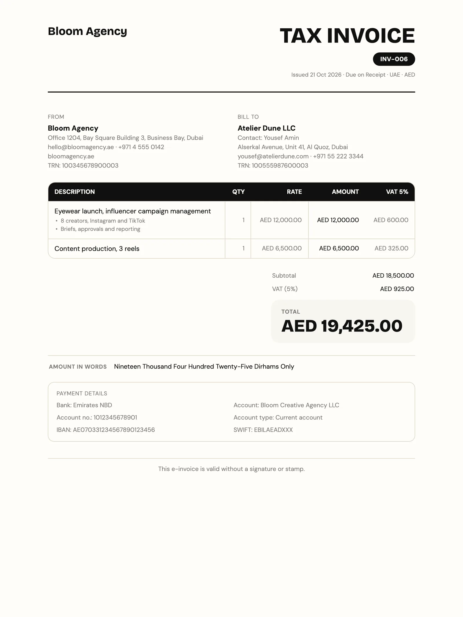 The finished tax invoice INV-006 from Bloom Agency to Atelier Dune LLC for AED 19,425 with payment details