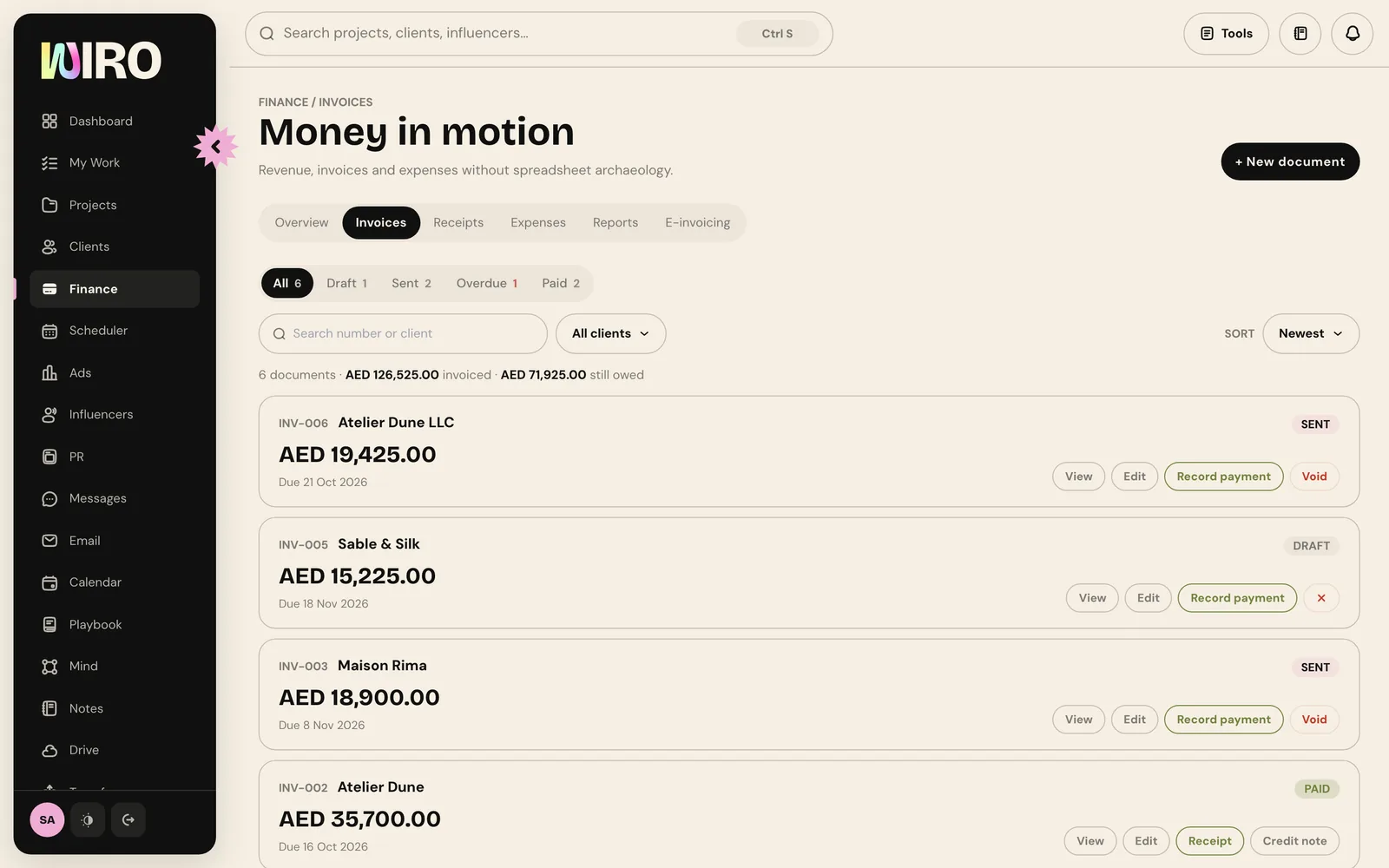 The invoice list with INV-006 for Atelier Dune LLC marked Sent at the top, above a draft, a sent and a paid invoice