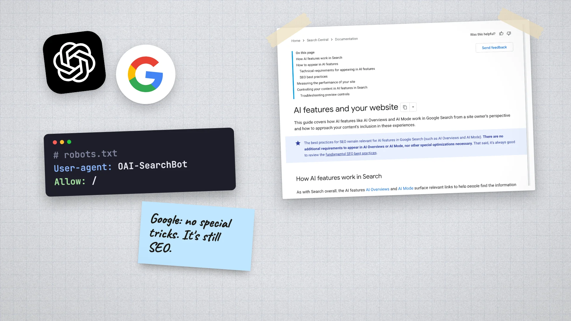 The ChatGPT and Google logos with a robots.txt card allowing OAI-SearchBot, beside Google's guidance on AI features and your website