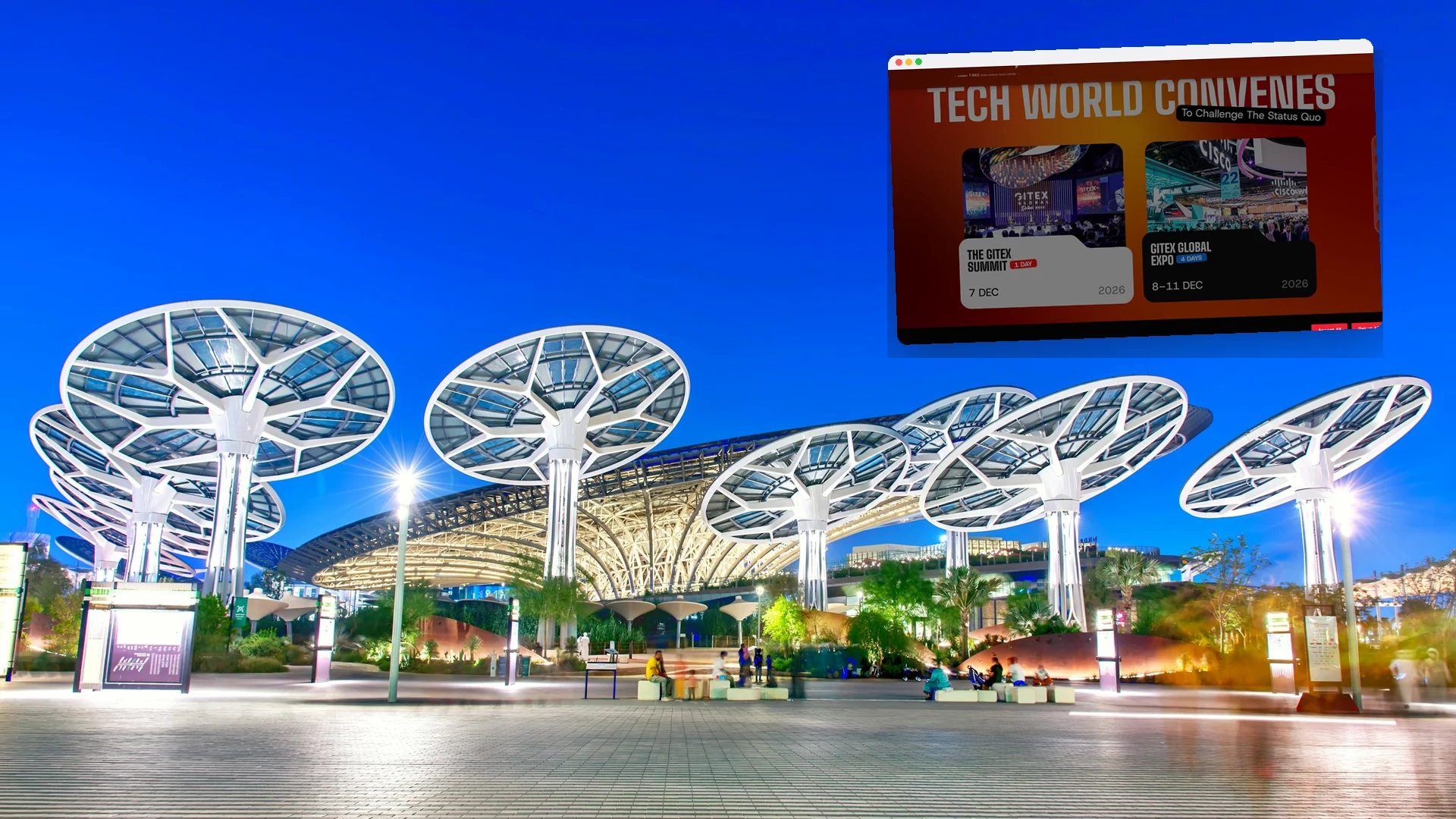 The solar canopies of the Terra pavilion at Expo City Dubai lit up at dusk, with a window showing GITEX Global's page for the Summit on 7 December and the expo from 8 to 11 December