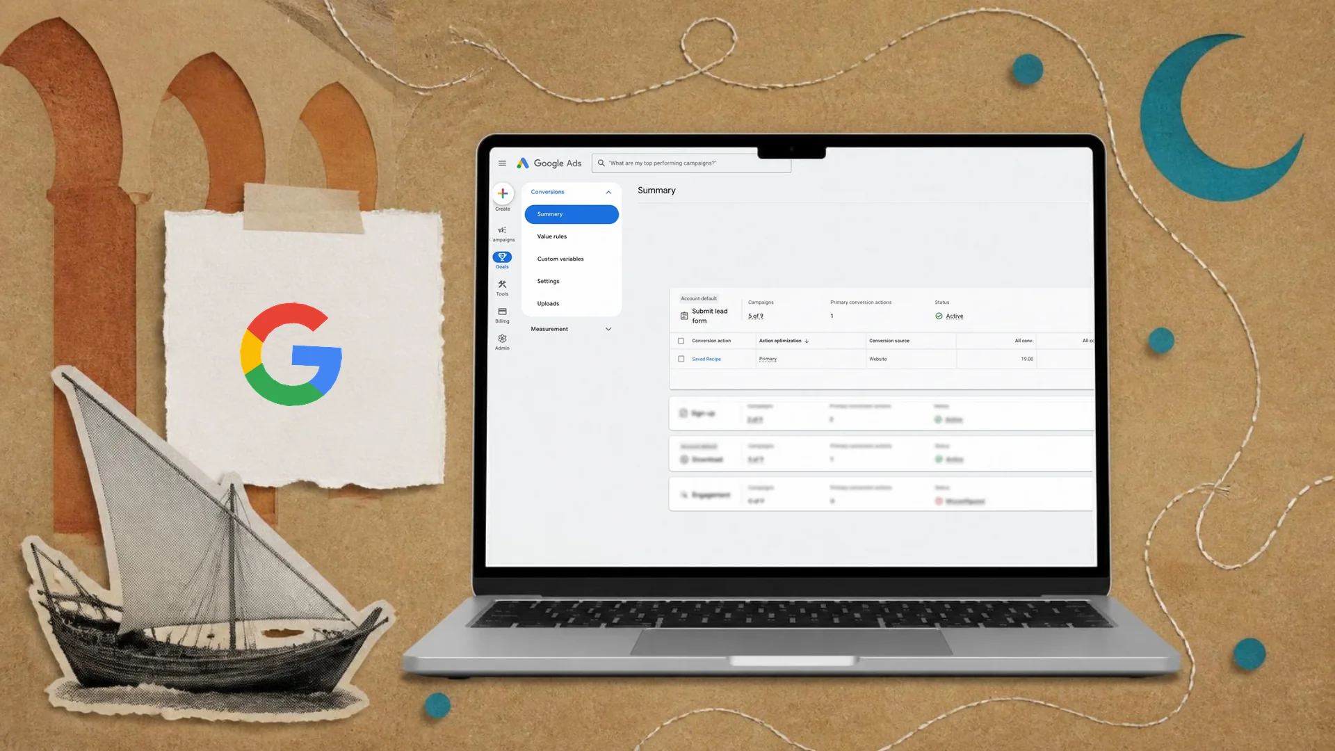 A cut-paper collage on kraft card with paper arches and a dhow of a laptop showing the Google Ads conversions summary, beside the Google logo on a tag