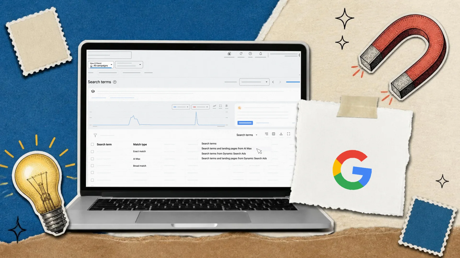 A torn paper collage on blue and cream paper of a laptop showing the Google Ads search terms report with its AI Max options, beside a magnet, a light bulb and the Google logo on a tag