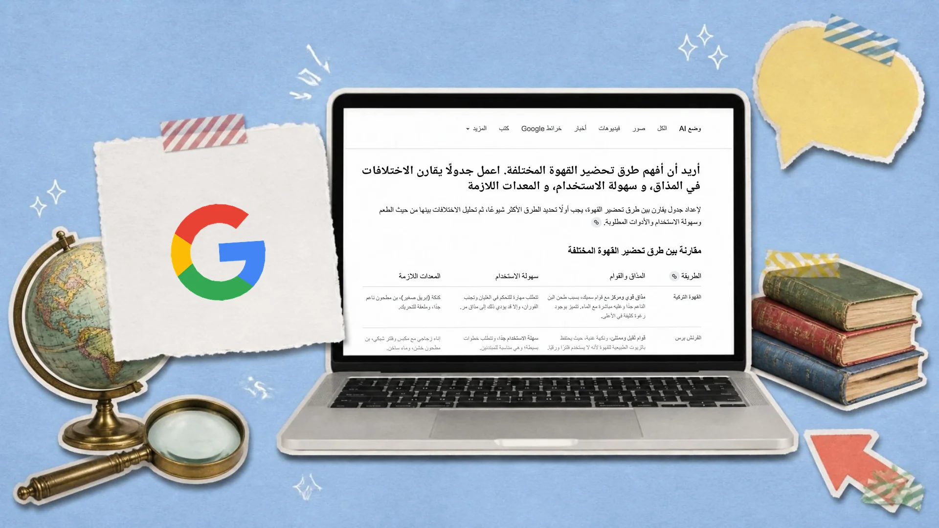 A colour paper collage on blue paper of a laptop showing Google AI Mode answering a question in Arabic, beside a globe, old books and the Google logo on a tag