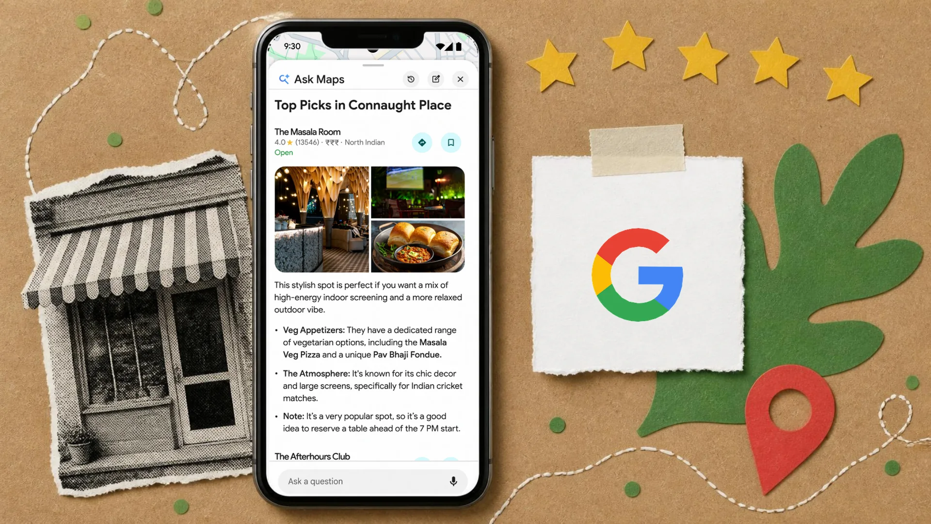 A cut-paper collage on kraft card of a phone showing Ask Maps recommending a restaurant, beside a shop front, five paper stars, a map pin and the Google logo on a tag
