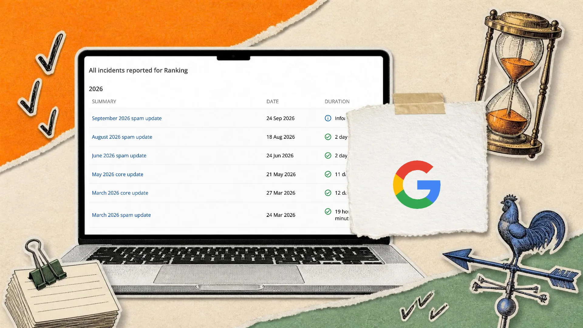 A torn paper collage on orange, cream and green paper of a laptop showing Google's list of 2026 ranking updates, beside an hourglass, a weather vane and the Google logo on a tag
