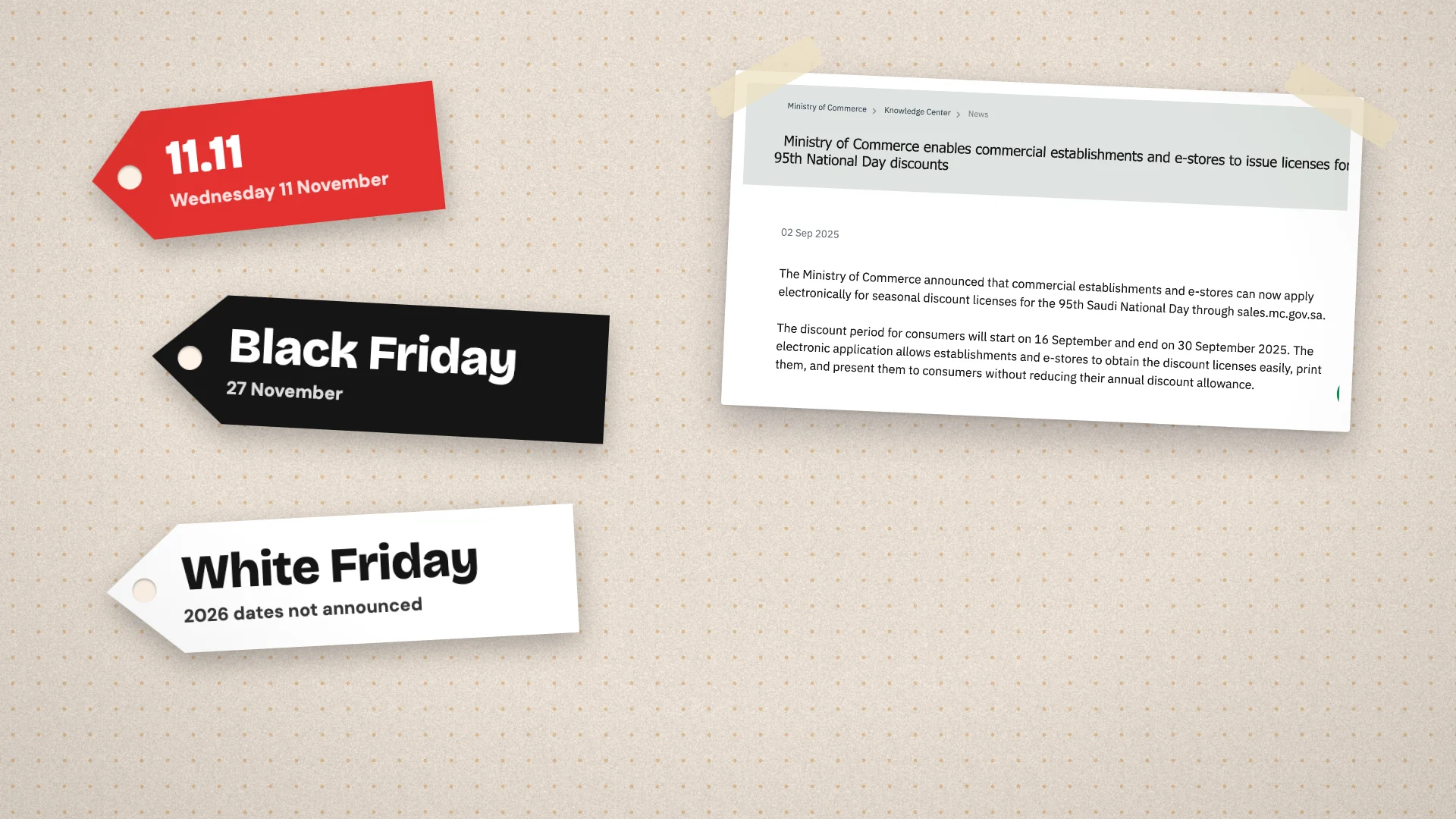 Price tags for 11.11, Black Friday on 27 November and White Friday, beside the Saudi Ministry of Commerce notice on discount licences