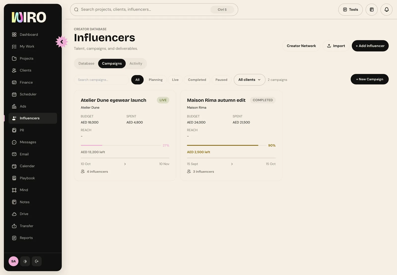 The Influencers Campaigns tab with two campaign cards showing client, budget, amount spent, a progress bar, dates and number of influencers