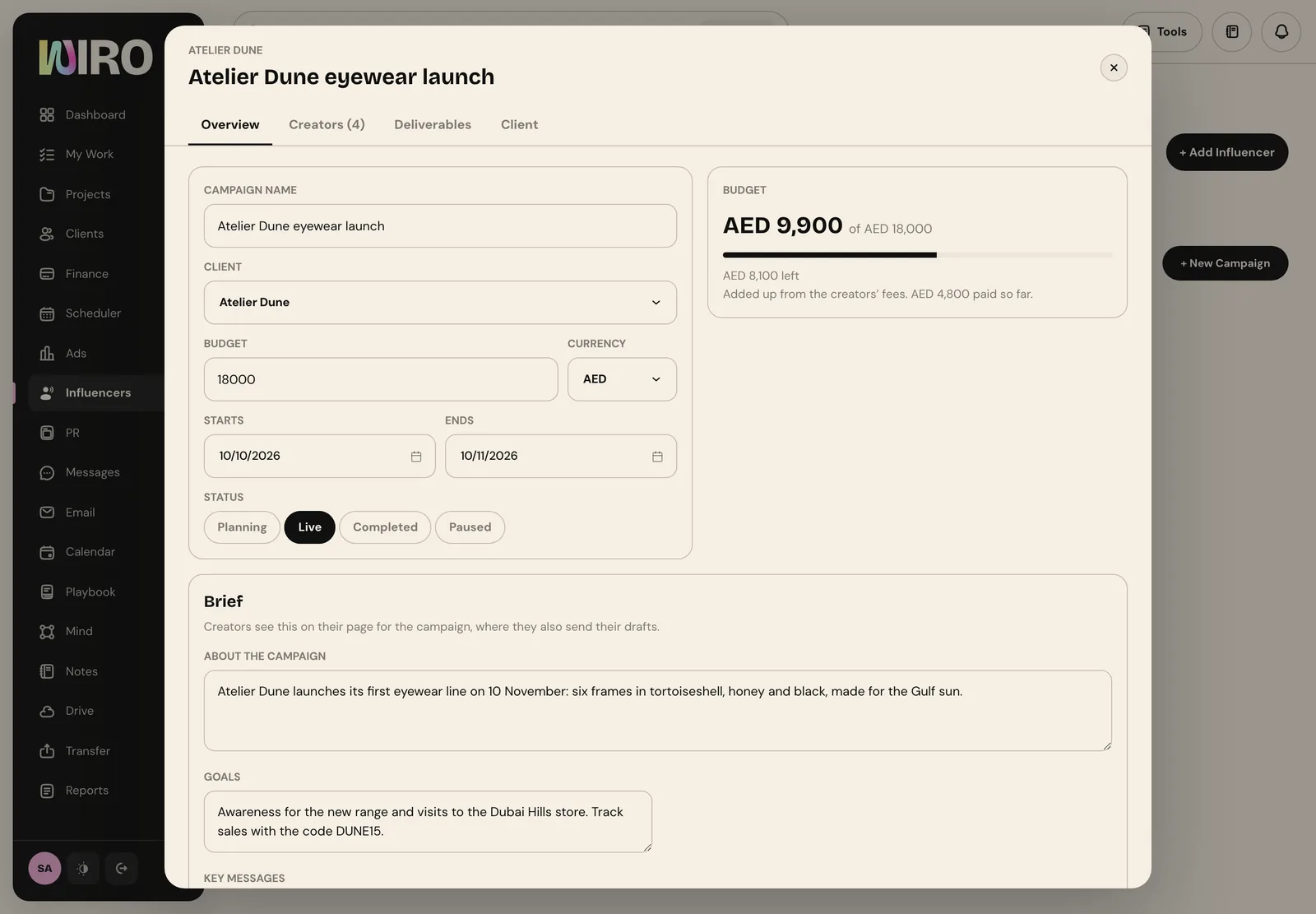 The campaign workspace on the Overview tab with name, client, budget, currency, dates and status, and a budget card