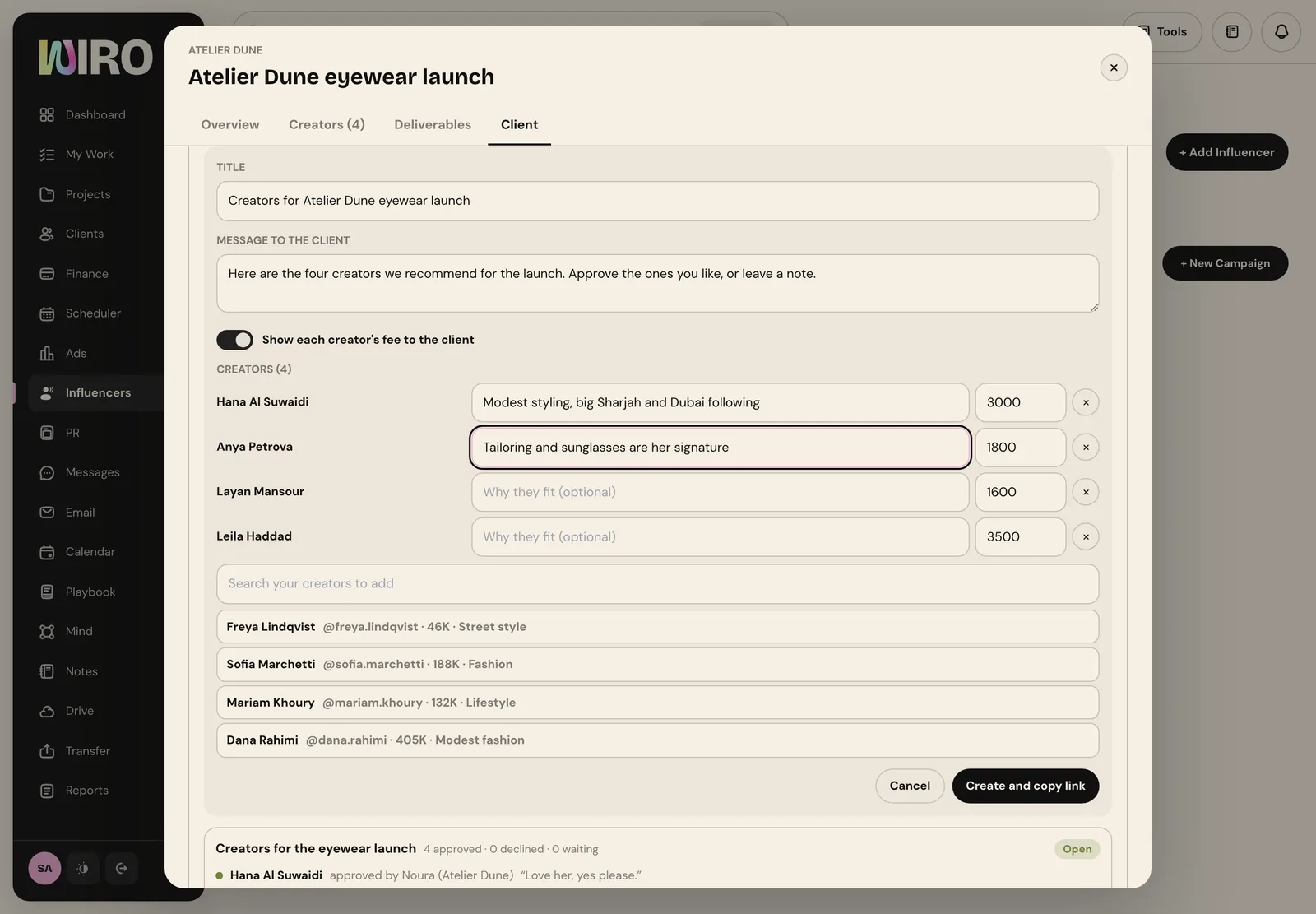 The new shortlist form with title, message to the client, a switch to show fees, and four creators each with a reason and a fee