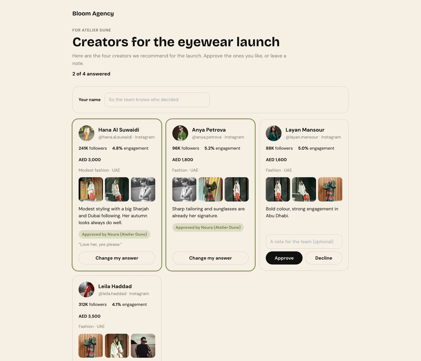 The client's shortlist page with four creator cards showing followers, engagement, fee, recent posts and the agency's reason, two approved and two waiting