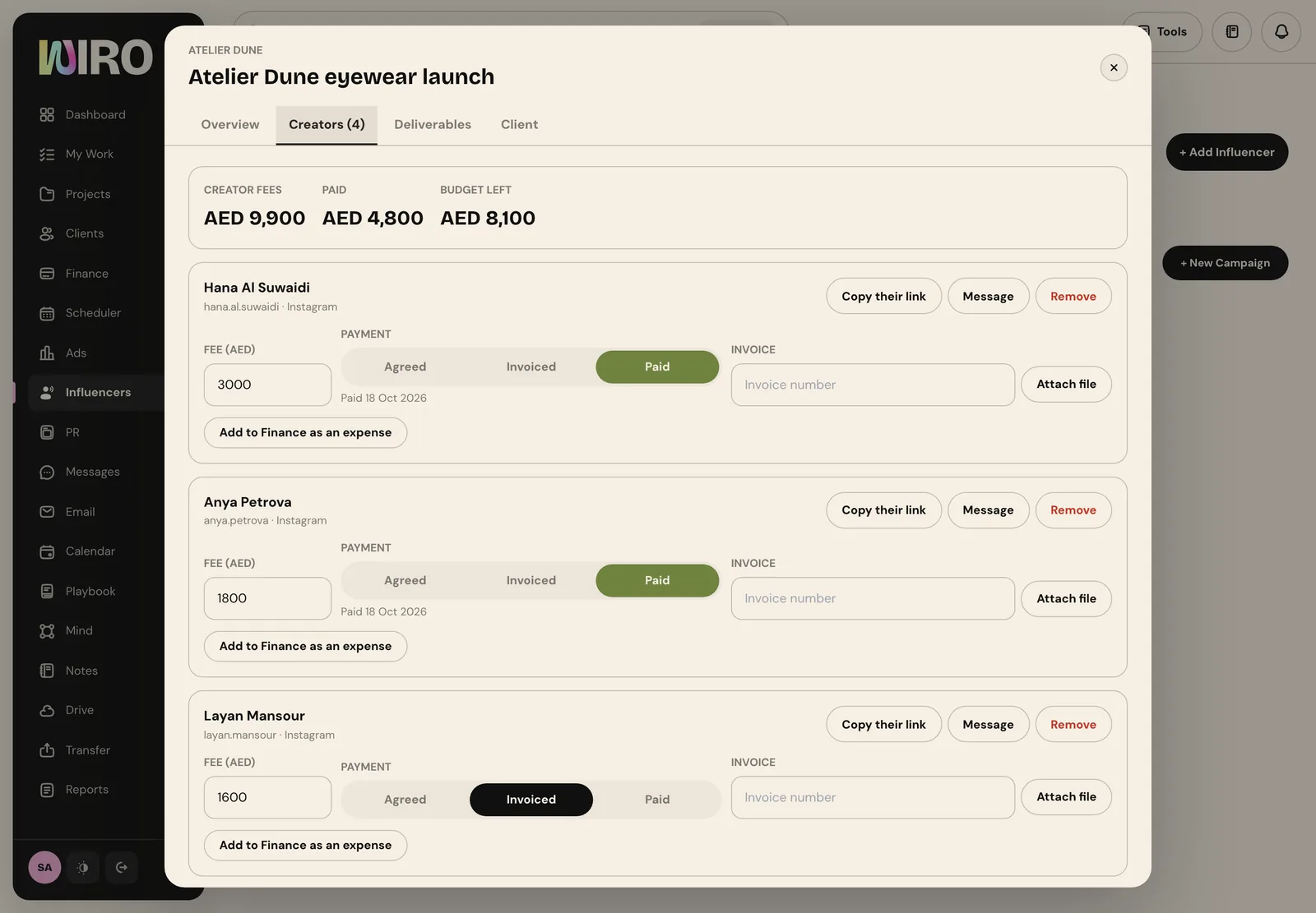 The Creators tab with creator fees, paid and budget left totals, and each creator's fee, payment status, invoice number and buttons