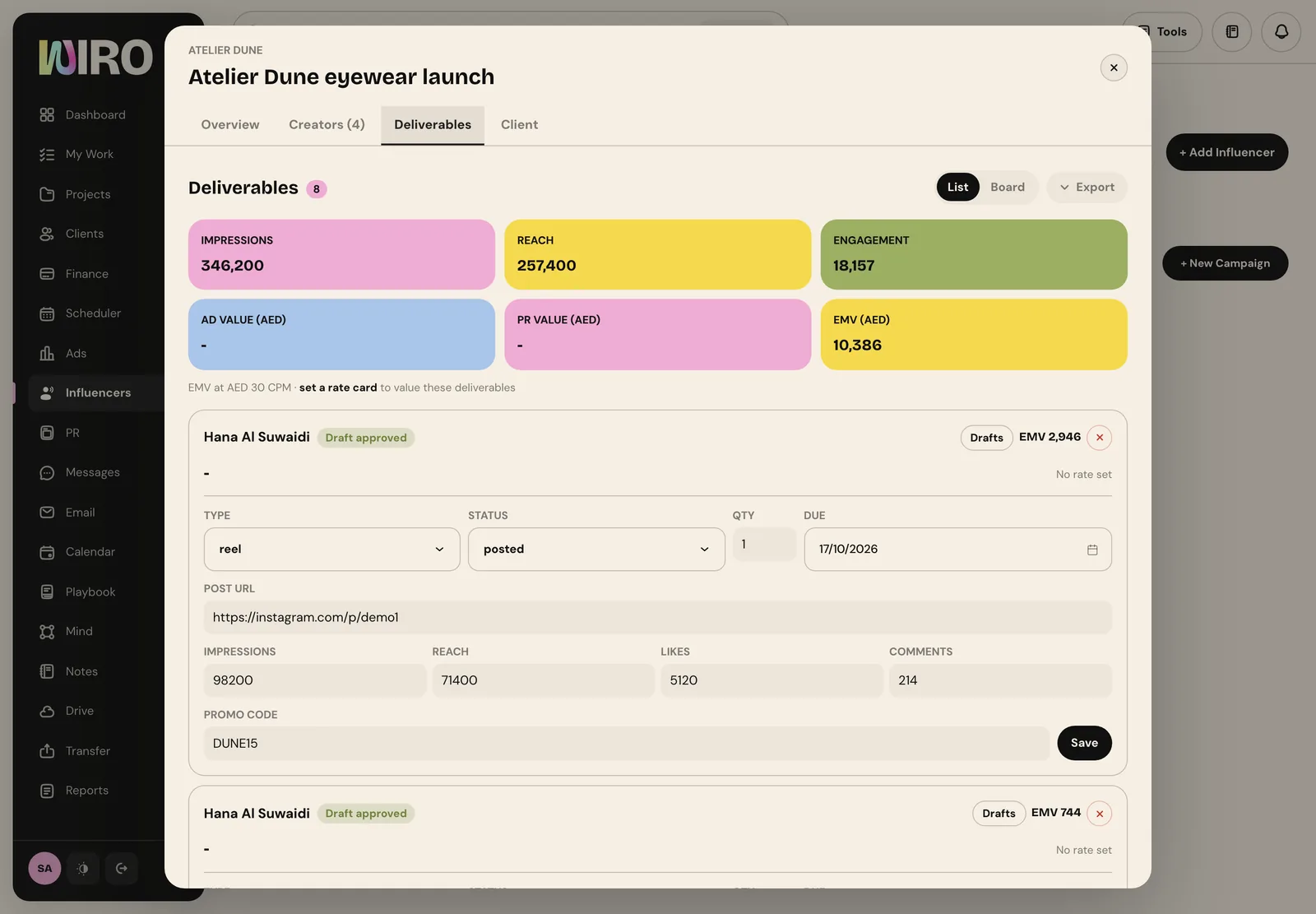 The Deliverables tab with impressions, reach, engagement, ad value, PR value and EMV totals and a deliverable with its post link, metrics and promo code